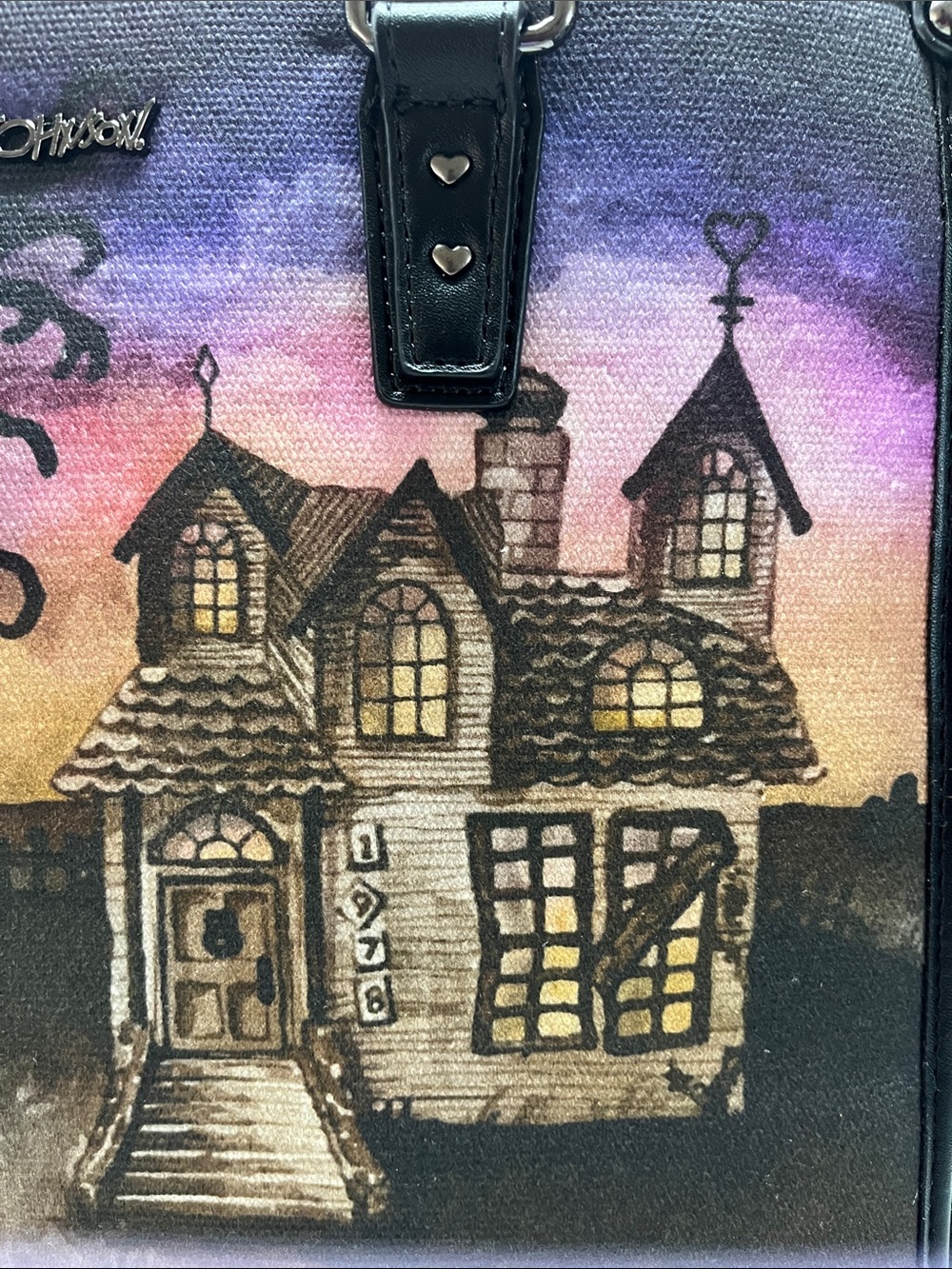 Betsey Johnson Black and Purple Haunted House Crossbody Bag with Bat Charm - Picture 3 of 16